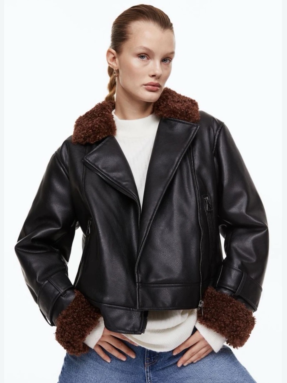 H&M Black Faux Leather Jacket with Brown Sherpa Collar